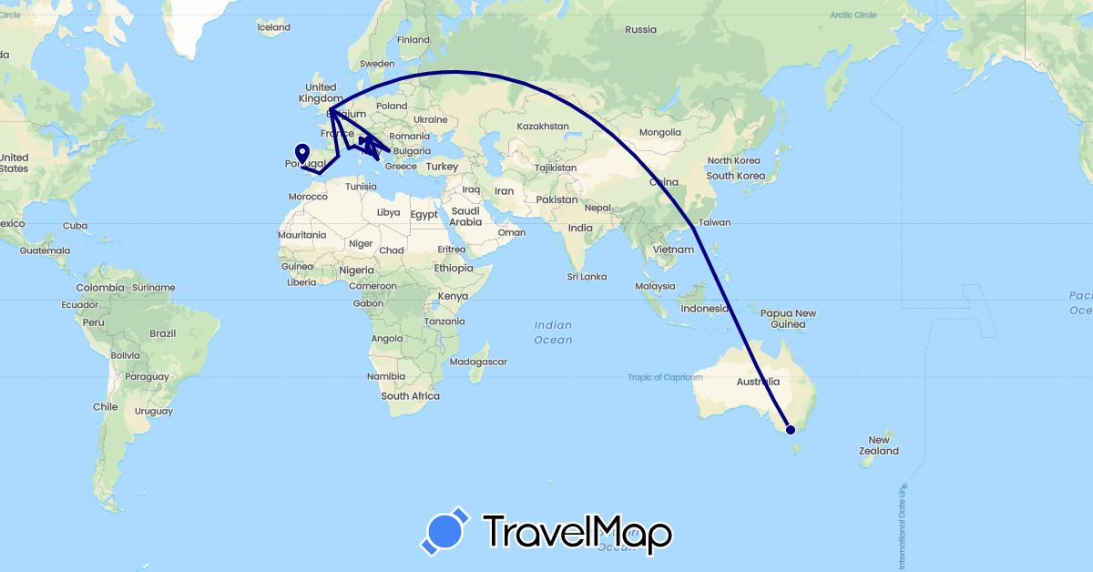 TravelMap itinerary: driving in Australia, Spain, France, United Kingdom, Hong Kong, Croatia, Italy, Portugal (Asia, Europe, Oceania)